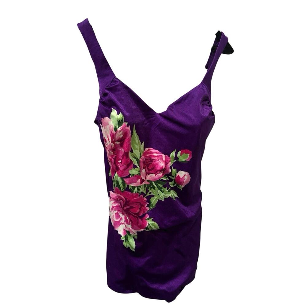 Vintage Roxanne Purple Floral One Piece Swimsuit Bra Sized 16/38C USA
